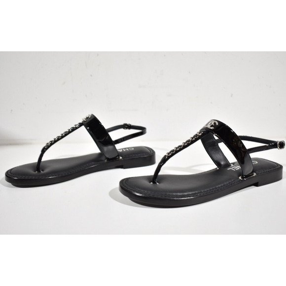 Chanel 22C Black Patent Silver Chain CC Logo Mule Slide Flat Thong Sandal 35 - Picture 10 of 12